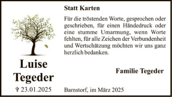 Traueranzeige von Luise Tegeder von SYKSYK