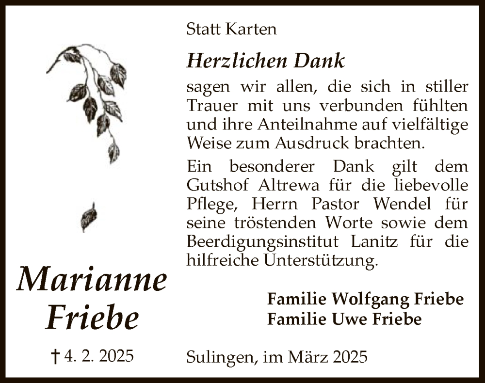  Traueranzeige für Marianne Friebe vom 29.03.2025 aus SYK