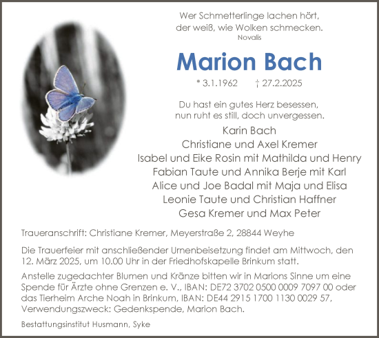 Traueranzeige von Marion Bach von SYK