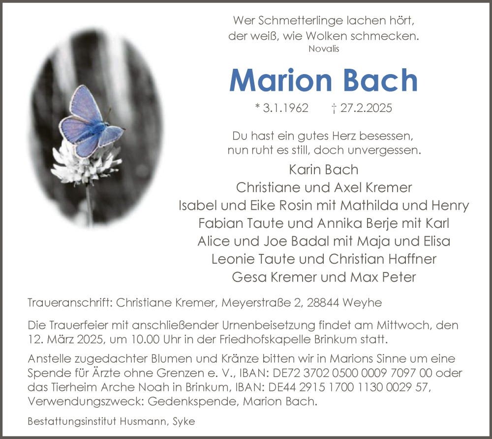  Traueranzeige für Marion Bach vom 08.03.2025 aus SYK