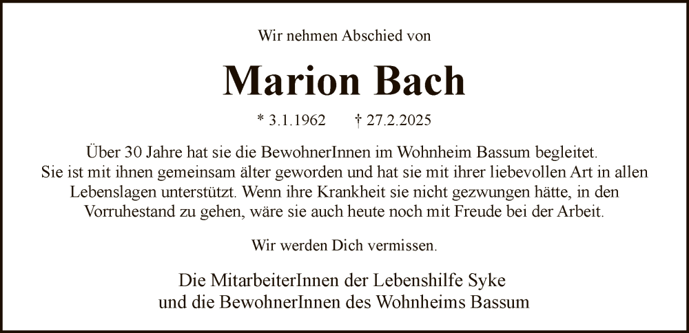  Traueranzeige für Marion Bach vom 08.03.2025 aus SYK