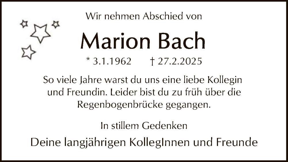  Traueranzeige für Marion Bach vom 08.03.2025 aus SYK