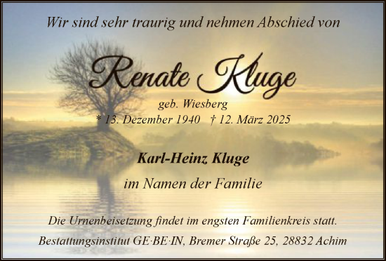 Traueranzeige von Renate Kluge von SYK