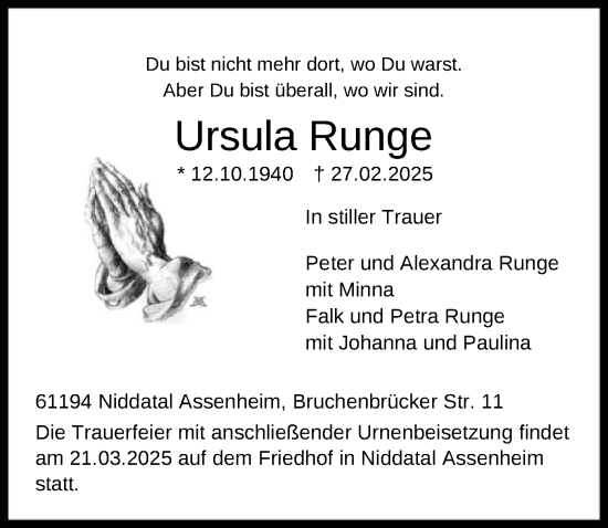 Traueranzeige von Ursula Runge von SYK