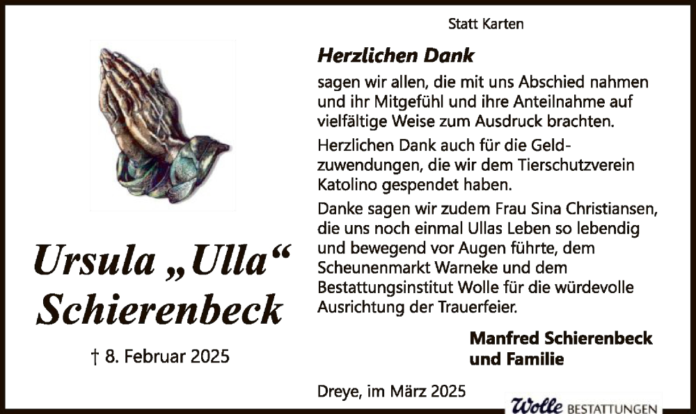  Traueranzeige für Ursula Schierenbeck vom 22.03.2025 aus SYK