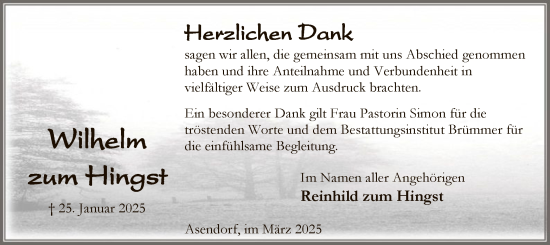 Traueranzeige von Wilhelm zum Hingst von SYK