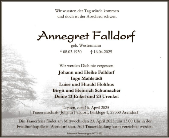 Traueranzeige von Annegret Falldorf von SYKSYK