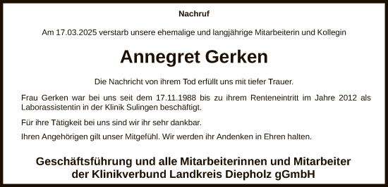 Traueranzeige von Annegret Gerken von SYK