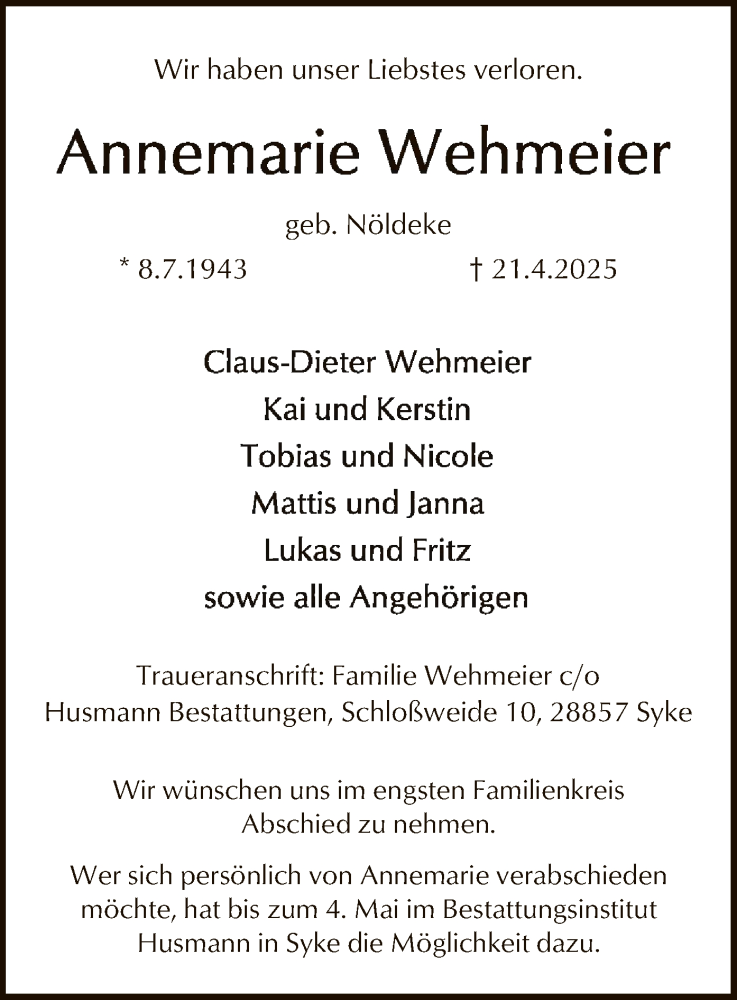  Traueranzeige für Annemarie Wehmeier vom 26.04.2025 aus SYK