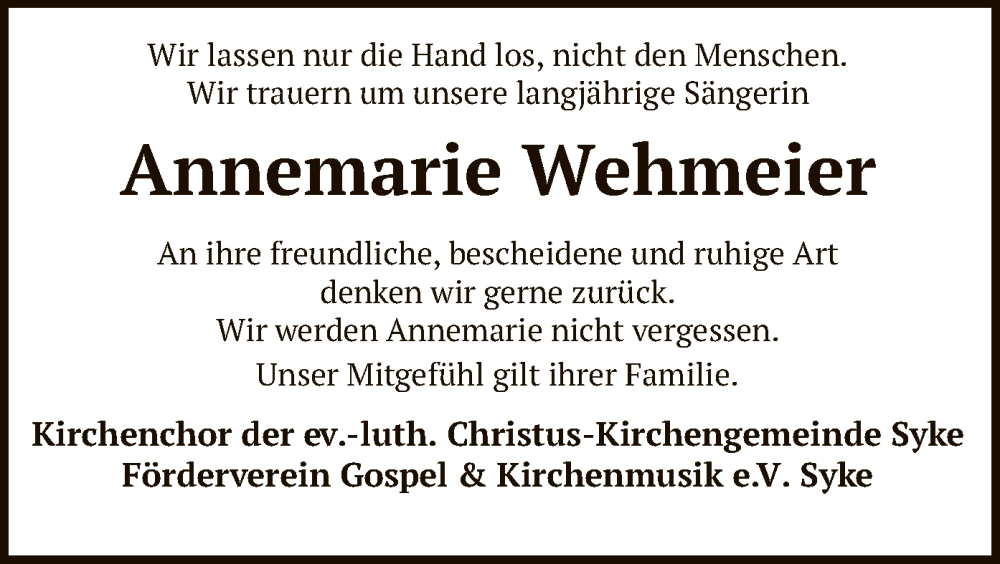  Traueranzeige für Annemarie Wehmeier vom 29.04.2025 aus SYK