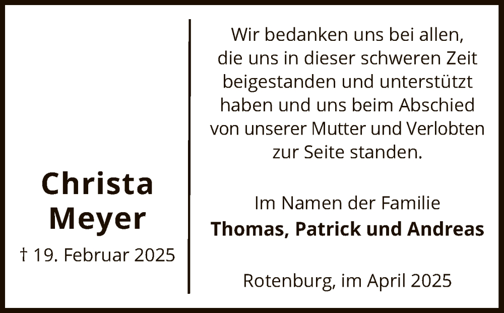  Traueranzeige für Christa Meyer vom 19.04.2025 aus SYK