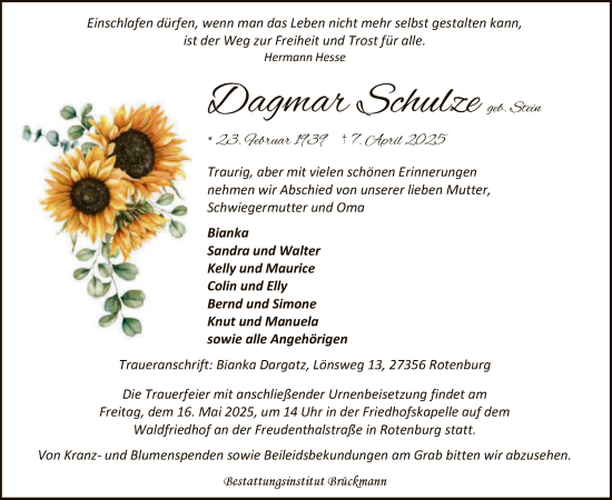 Traueranzeige von Dagmar Schulze von SYK