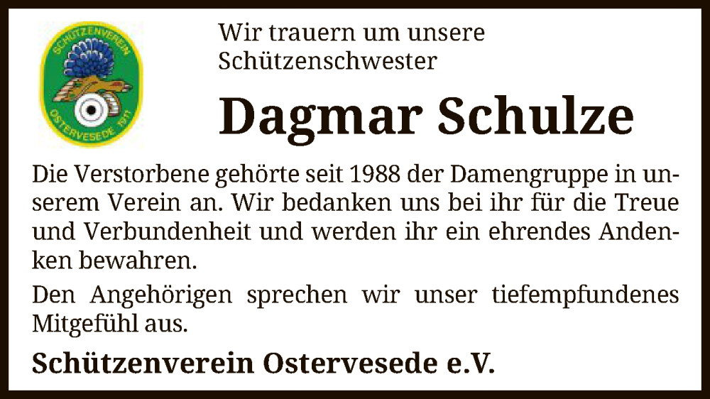  Traueranzeige für Dagmar Schulze vom 29.04.2025 aus SYK