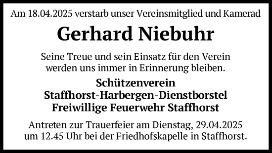 Traueranzeige von Gerhard Niebuhr von SYK