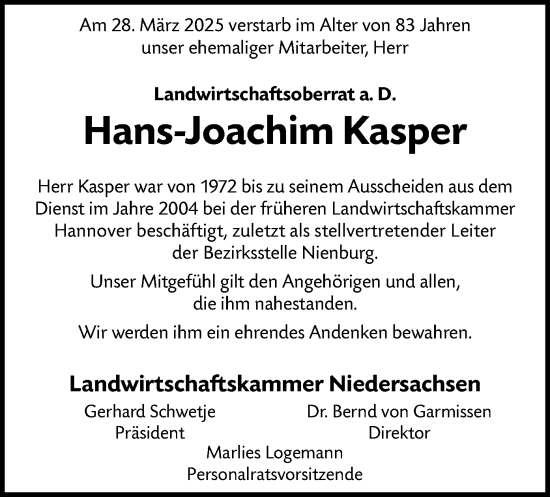Traueranzeige von Hans-Joachim Kasper von SYK