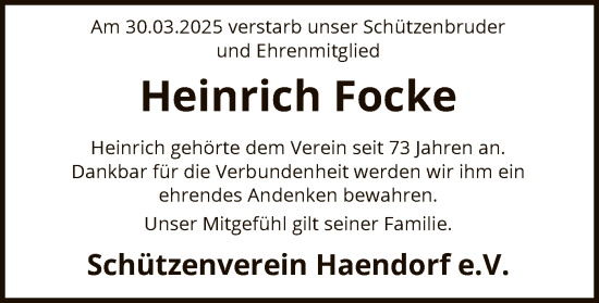 Traueranzeige von Heinrich Focke von SYK