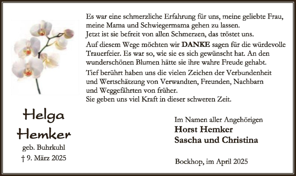  Traueranzeige für Helga Hemker vom 11.04.2025 aus SYK