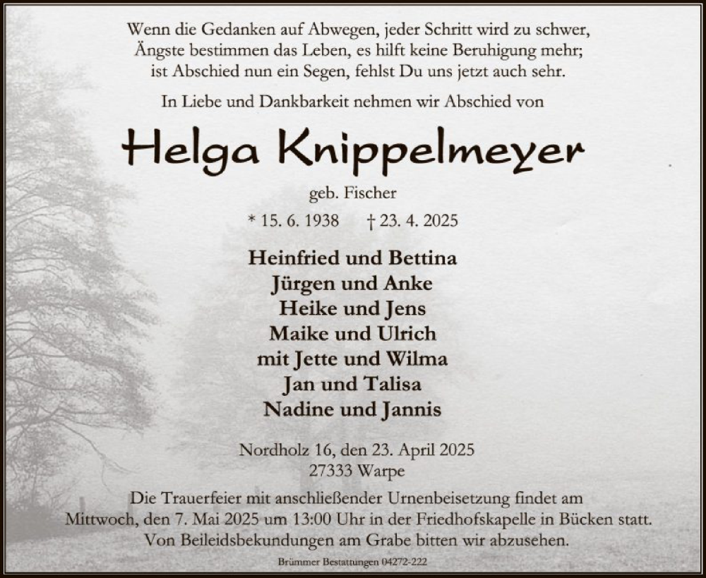  Traueranzeige für Helga Knippelmeyer vom 30.04.2025 aus SYK