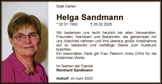 Traueranzeige von Helga Sandmann von SYKSYK