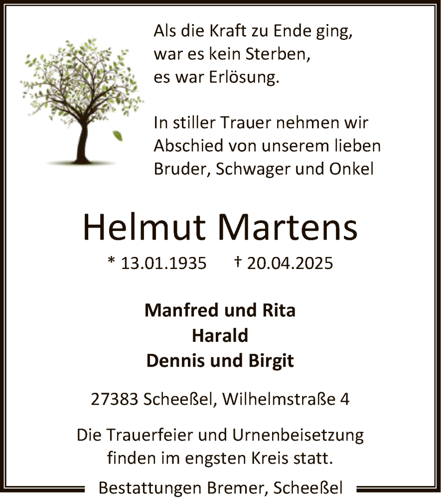  Traueranzeige für Helmut Martens vom 26.04.2025 aus SYK