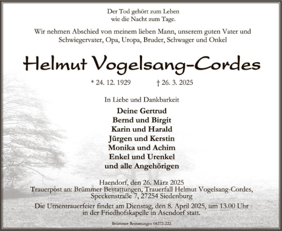 Traueranzeige von Helmut Vogelsang-Cordes von SYK