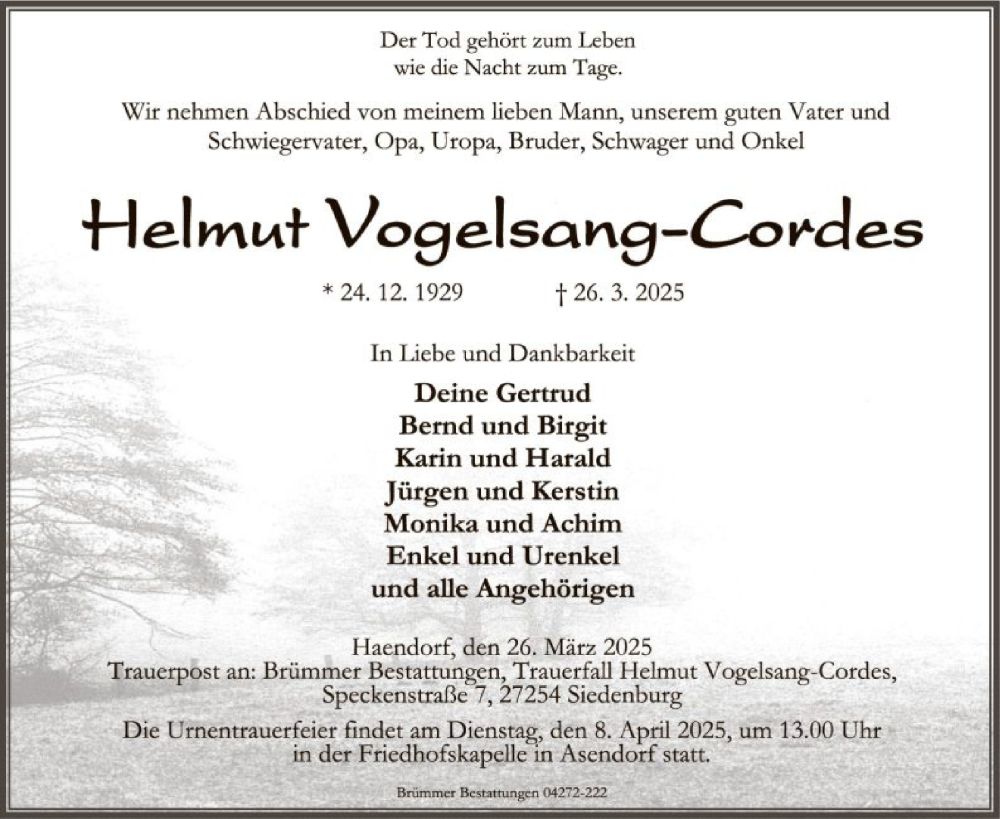  Traueranzeige für Helmut Vogelsang-Cordes vom 01.04.2025 aus SYK