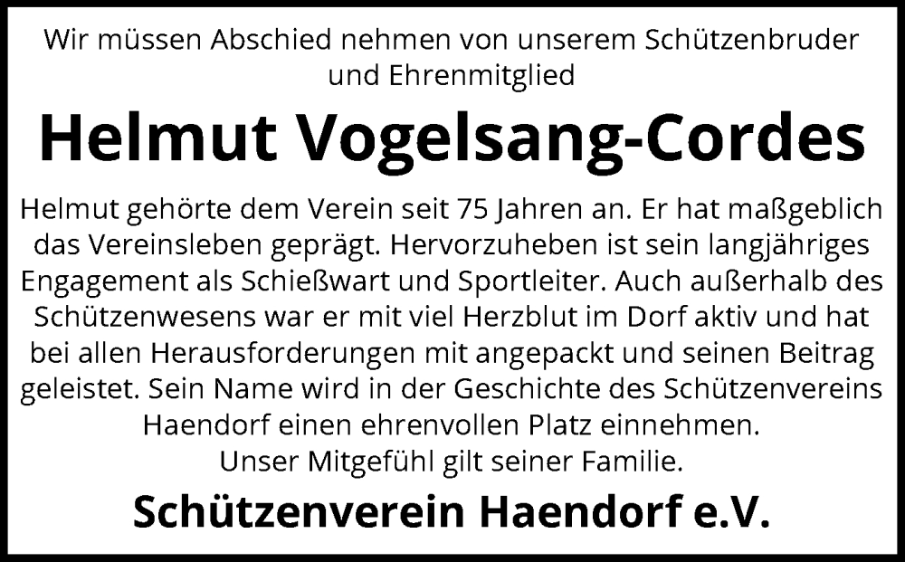  Traueranzeige für Helmut Vogelsang-Cordes vom 01.04.2025 aus SYK