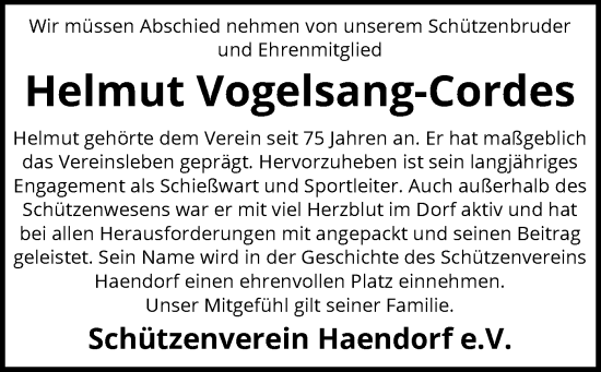 Traueranzeige von Helmut Vogelsang-Cordes von SYK