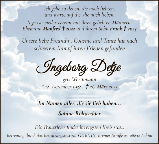 Traueranzeige von Ingeborg Detje von SYK