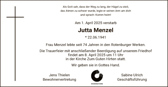 Traueranzeige von Jutta Menzel von SYK