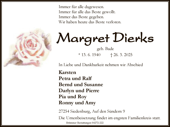 Traueranzeige von Margret Dierks von SYK