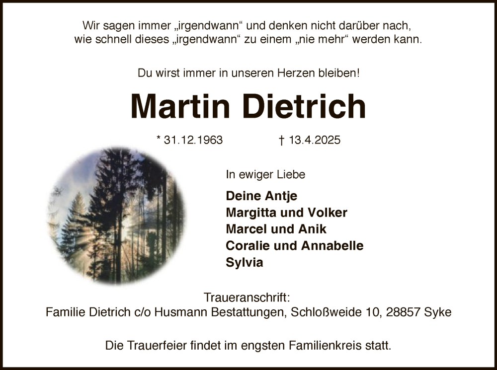  Traueranzeige für Martin Dietrich vom 19.04.2025 aus SYK