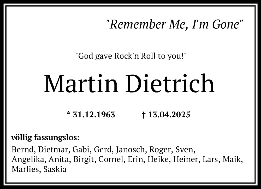  Traueranzeige für Martin Dietrich vom 19.04.2025 aus SYK