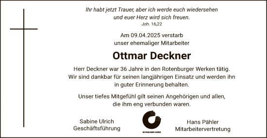 Traueranzeige von Ottmar Deckner von SYK