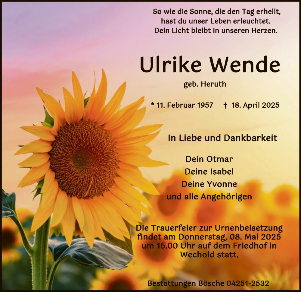  Traueranzeige für Ulrike Wende vom 26.04.2025 aus SYKSYK