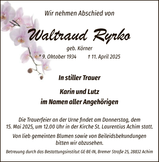 Traueranzeige von Waltraud Ryrko von SYK
