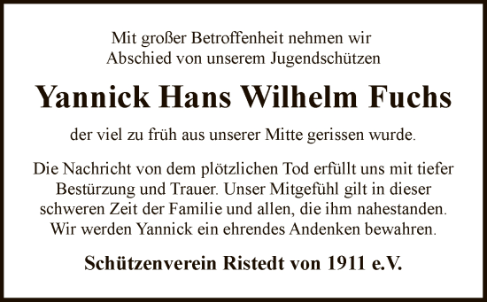 Traueranzeige von Yannick Hans Wilhelm Fuchs von SYK