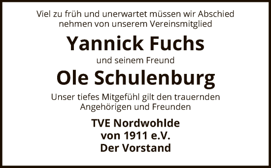 Traueranzeige von Yannick Hans Wilhelm Fuchs von SYK