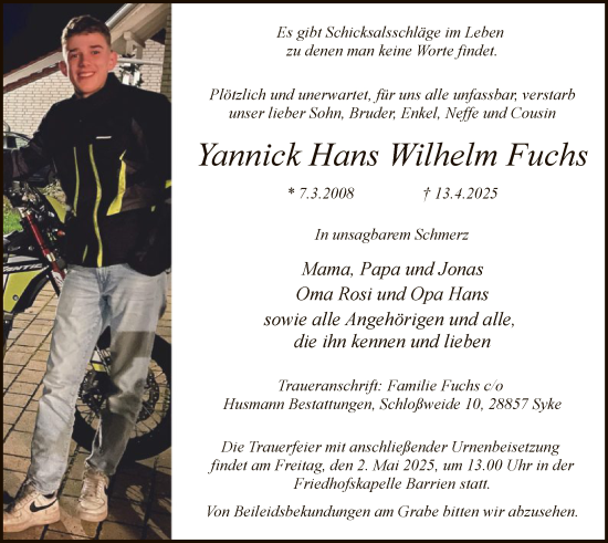 Traueranzeige von Yannick Hans Wilhelm Fuchs von SYK