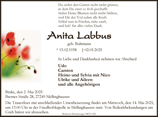 Traueranzeige von Anita Labbus von SYKSYK