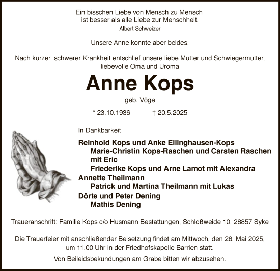 Traueranzeige von Anne Kops von SYKS