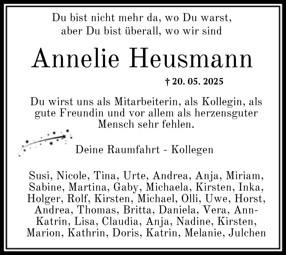  Traueranzeige für Annelie Heusmann vom 24.05.2025 aus SYKS