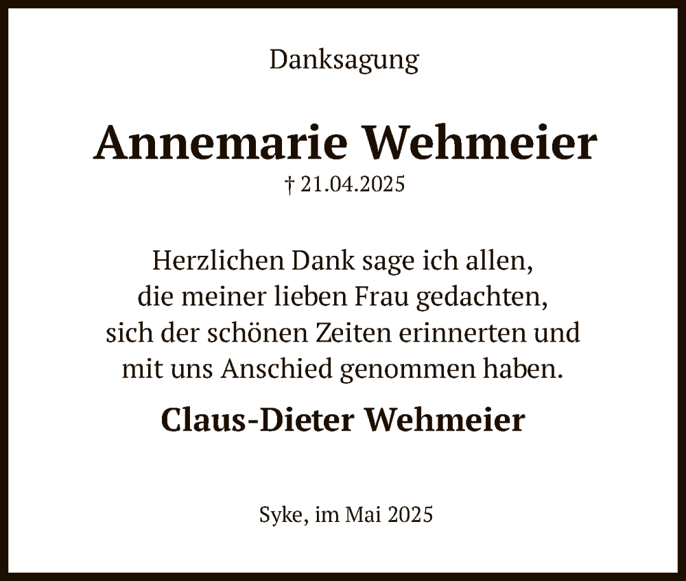  Traueranzeige für Annemarie Wehmeier vom 31.05.2025 aus SYKS