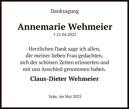 Traueranzeige von Annemarie Wehmeier von SYKS