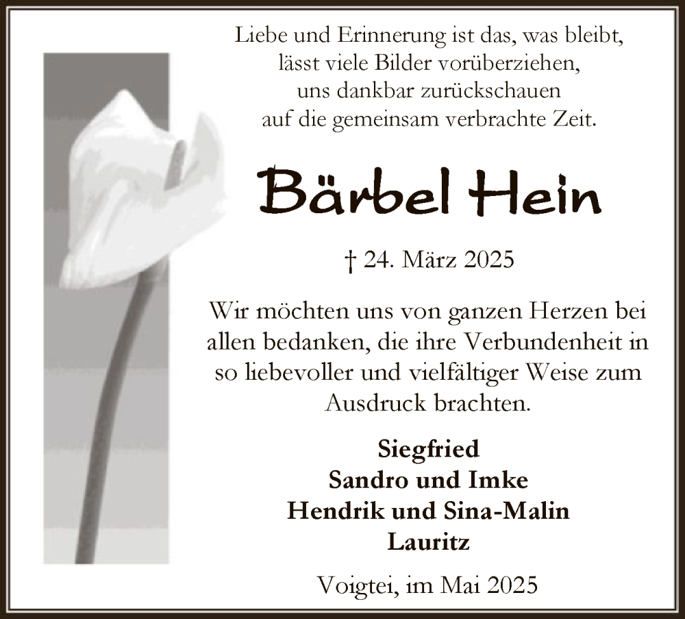  Traueranzeige für Bärbel Hein vom 03.05.2025 aus SYK