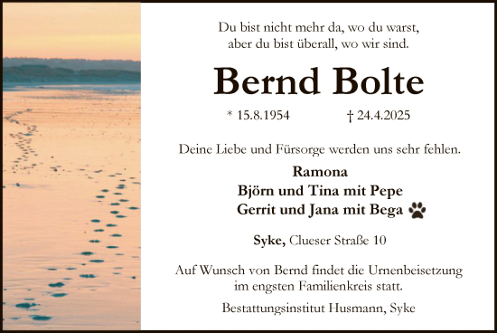 Traueranzeige von Bernd Bolte von SYK