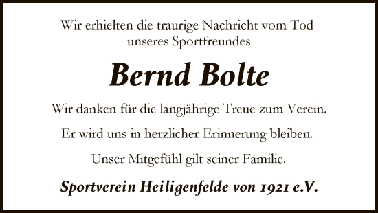 Traueranzeige von Bernd Bolte von SYK