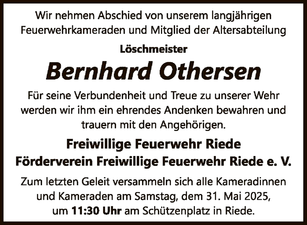  Traueranzeige für Bernhard Othersen vom 17.05.2025 aus SYK