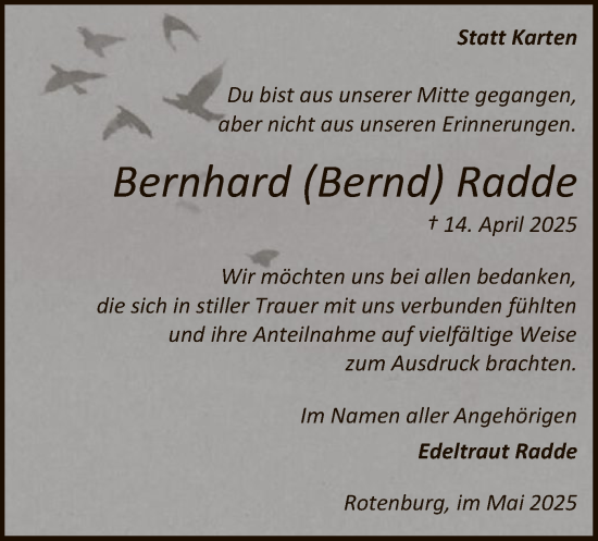 Traueranzeige von Bernhard Radde von SYK