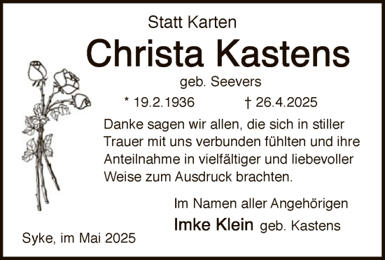 Traueranzeige von Christa Kastens von SYKSSYKS
